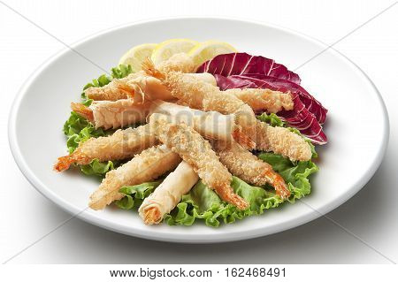 Plate of fried shrimp in batter and phyllo dough isolated on white plane