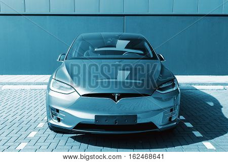 TILBURG NETHERLANDS - SEPTEMBER 25 2016: Tesla Motors Assembly Plant in Tilburg Netherland. Tesla car.