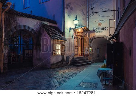 Tallinn, Estonia - June 02, 2016: Medieval Street And Restaurant Balthasar In The Historical Centre