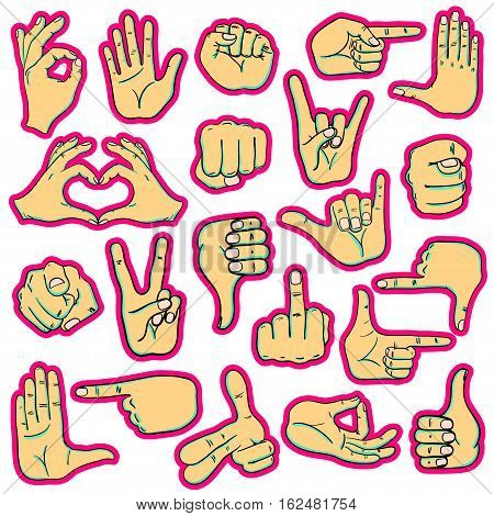 Set of cartoon human hands stickers icons emoji gesture signs and signals.