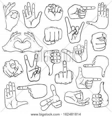 Set of sketch human hands icons emoji gesture signs and signals.