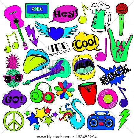 Colorful fun set of music stickers icons emoji pins or patches in cartoon 80s-90s comic style.