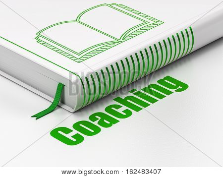 Learning concept: closed book with Green Book icon and text Coaching on floor, white background, 3D rendering