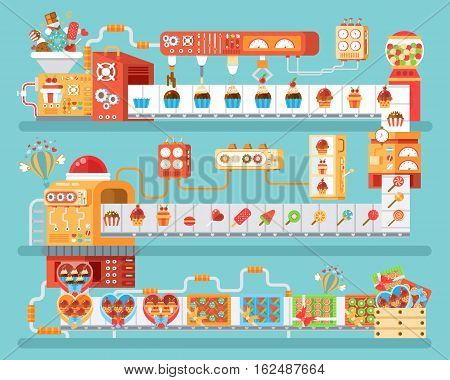 Stock vector vertical illustration of isolated conveyor for production and packaging candies, lollipops and sweets, in flat style on blue background for banner, website, printed materials, infographic