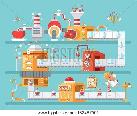 Stock vector vertical illustration of isolated conveyor to create love potion to celebrate Happy Valentines Day in flat style on blue background for banners, websites, printed materials, infographics