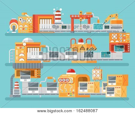 Stock vector vertical illustration of conveyor for assembly and packaging, production of personal laptops in flat style on blue background for banners, websites, printed materials, info graphics