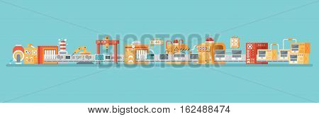 Stock vector horizontal illustration of conveyor for assembly and packaging, production of personal laptops in flat style on blue background for banners, websites, printed materials, info graphics