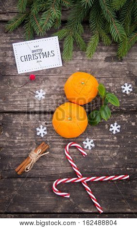 Holiday Card with Tangerines Decorated as Fir-tree Toy. Branch of Coniferous on White Snow