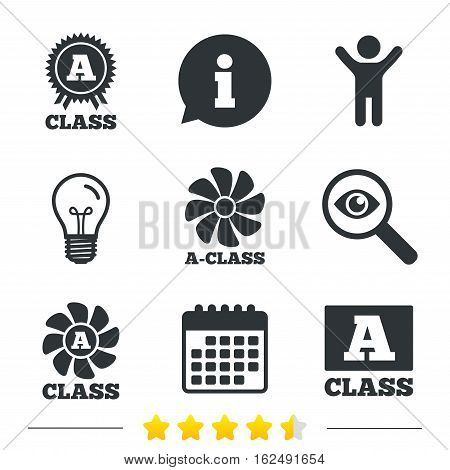 A-class award icon. A-class ventilation sign. Premium level symbols. Information, light bulb and calendar icons. Investigate magnifier. Vector