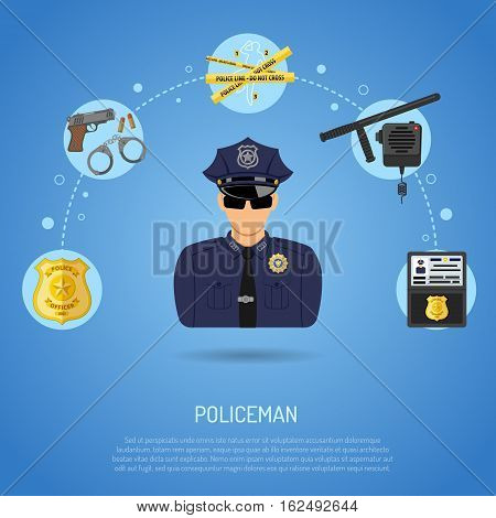 Law and Order Concept with flat icons Policeman, Badge, Handcuffs, gun and radio. vector illustration