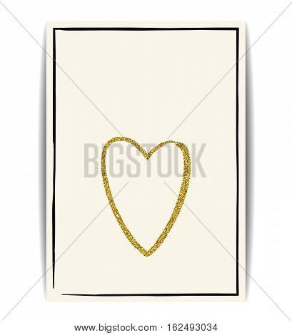 Banner template with love symbol. Golden texture heart with glitter sequins. Place for text. Design for Valentine card or wedding invitation, t-shirt, labels, postcards. Vector EPS10 illustration.