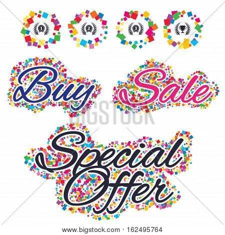 Sale confetti labels and banners. Laurel wreath award icons. Prize cup for winner signs. First, second and third place medals symbols. Special offer sticker. Vector