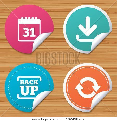 Round stickers or website banners. Download and Backup data icons. Calendar and rotation arrows sign symbols. Circle badges with bended corner. Vector