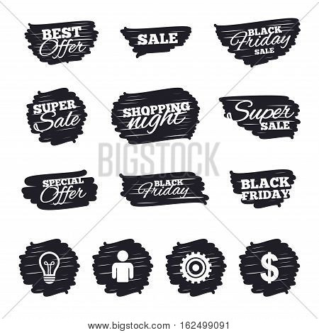 Ink brush sale stripes and banners. Business icons. Human silhouette and lamp bulb idea signs. Dollar currency and gear symbols. Black friday. Ink stroke. Vector