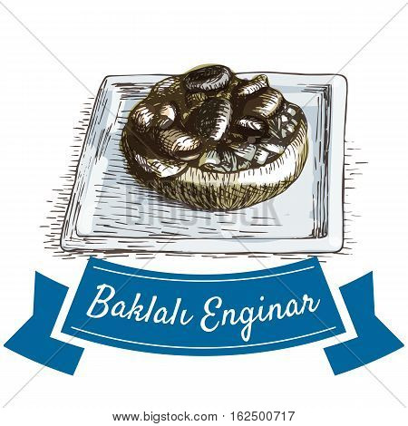 Baklali Enginar colorful illustration. Vector illustration of turkish cuisine.
