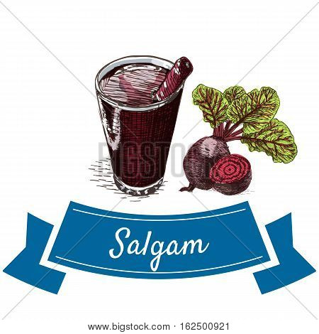 Salgam drink colorful illustration. Vector illustration of turkish cuisine.