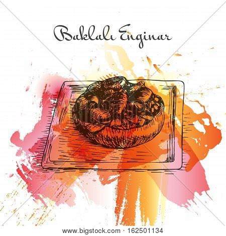 Baklali Enginar watercolor effect illustration. Vector illustration of Turkish cuisine.