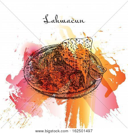 Lahmacun watercolor effect illustration. Vector illustration of Turkish cuisine.
