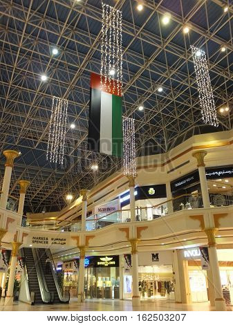 DUBAI, UAE - NOV 27: National Day decorations at Wafi Mall in Dubai, UAE, as seen on Nov 27, 2016. Wafi City, styled after ancient Egypt, is a mixed-use development including a mall, hotel, restaurants, and residences.