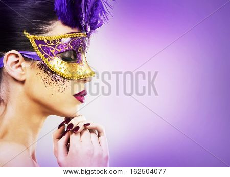 Paarty Woman Swearing Golden Mask On Light Backgound