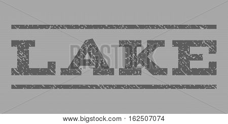 Lake watermark stamp. Text tag between horizontal parallel lines with grunge design style. Rubber seal stamp with dust texture. Vector dark gray color ink imprint on a silver background.