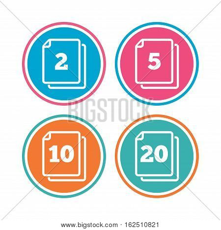 In pack sheets icons. Quantity per package symbols. 2, 5, 10 and 20 paper units in the pack signs. Colored circle buttons. Vector