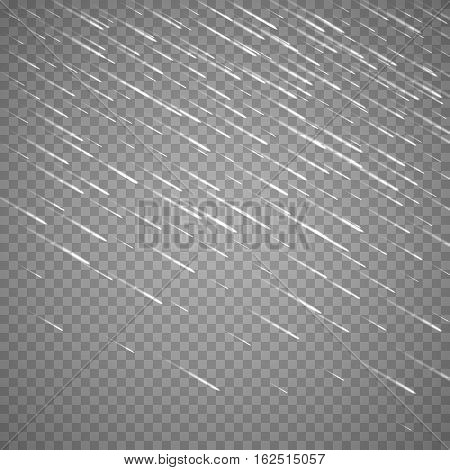 Transparent anglewise rain drops isolated on abstract background. Vector rainy drop effect