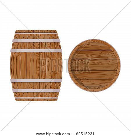 Wooden barrel with iron rings. Isolated on white background. Vector wood beer barrel