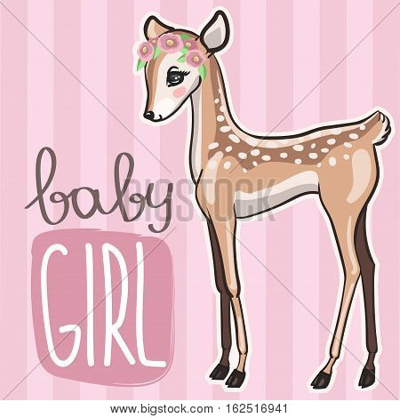 Little baby deer vector illustration. Cute pink card with little fawn girl
