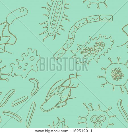 Different bacteria types seamless pattern on green background. Stock vector illustration in cartoon style