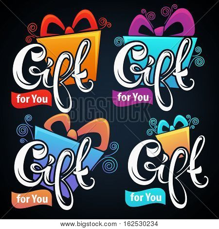 Gift for you vector congratulation emblem collection with lettering composition and present box on dark background