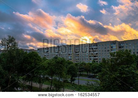 Tornado in the city of Minsk, Republic of Belarus 13.07.2016, consequences of natural disaster of destruction of inhabited constructions more than 100 trees are also tumbled down