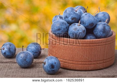 blackthorn berries in a wooden bowl on a table with blurred background.