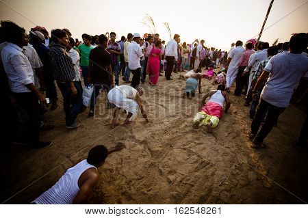 Mumbai, India - 6 November: The ancient Hindu Chhath Puja Festival being celebrated on Juhu Beach in Mumbai on 6th November 2016.