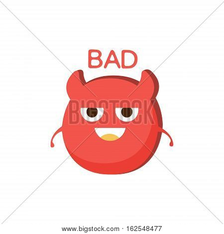 Bad Red Devil Word And Corresponding Illustration, Cartoon Character Emoji With Eyes Illustrating The Text. Primitive Symbol Emoticon For Messages Flat Vector Icon.