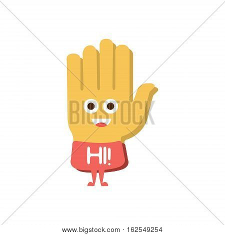 Hi And Greeting Hand, Word And Corresponding Illustration, Cartoon Character Emoji With Eyes Illustrating The Text. Primitive Symbol Emoticon For Messages Flat Vector Icon.