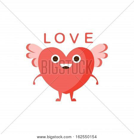 Love And Winged Heart, Word And Corresponding Illustration, Cartoon Character Emoji With Eyes Illustrating The Text. Primitive Symbol Emoticon For Messages Flat Vector Icon.