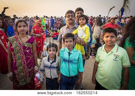 Mumbai, India - 6 November: The ancient Hindu Chhath Puja Festival being celebrated on Juhu Beach in Mumbai on 6th November 2016.