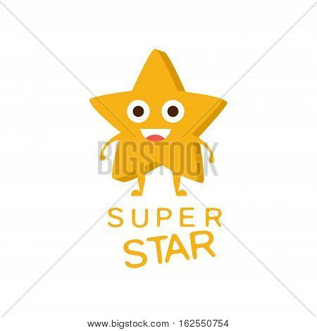 Super Star Word And Corresponding Illustration, Cartoon Character Emoji With Eyes Illustrating The Text. Primitive Symbol Emoticon For Messages Flat Vector Icon.