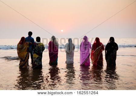 Mumbai, India - 6 November: The ancient Hindu Chhath Puja Festival being celebrated on Juhu Beach in Mumbai on 6th November 2016.