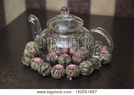 Chinese Green Tea In A Transparent Teapot.