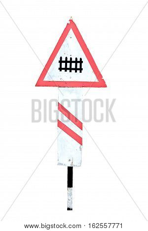 Railway crossing ahead sign isolated on white