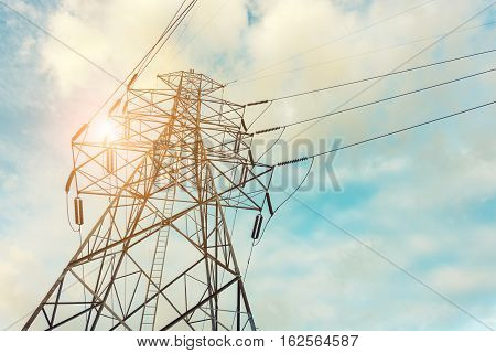 High voltage towers on skies background Transmission line tower.