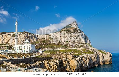 Rock of Gibraltar and Mosque seen from Europa Point in Gibraltar, a British overseas territory