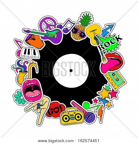 Colorful fun background of music stickers icons emoji pins or patches in cartoon 80s-90s comic style.