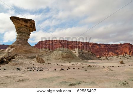Long shot of the stone formation el Hongo in the nature reserve Ischigualasto also called Valle de la Luna in the area San Juan in Argentina South America