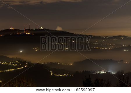 Landscape of Turin By Night with fog