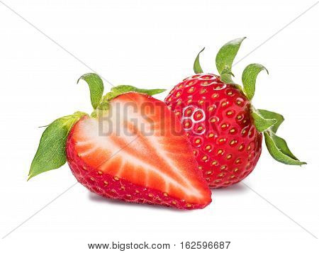 Red berry Strawberries with leaves isolated on a white background.