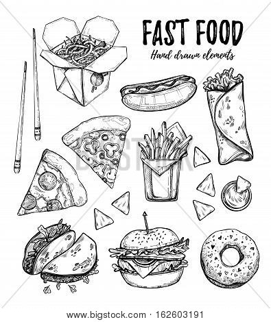 Hand Drawn Vector Illustration - Fast Food (hot Dog, Hamburger, French Fries, Pizza, Wok, Donut, Tac