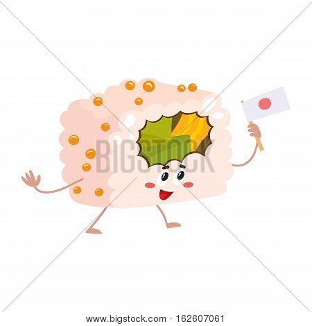 Nori, seaweed roll with caviar character holding a Japanese flag, cartoon vector illustration isolated on white background. Cute and funny smiling seaweed, nori roll, Asian cuisine